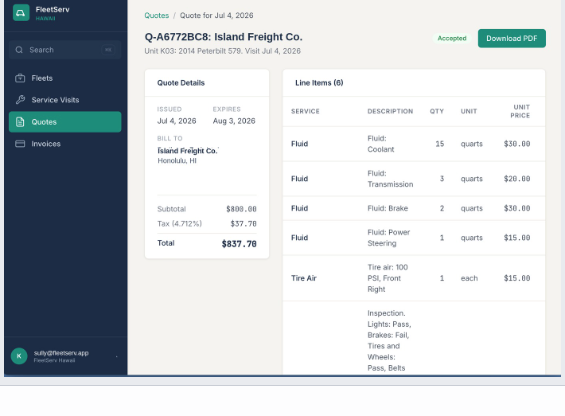 FleetServ: quote detail screen with line items and totals