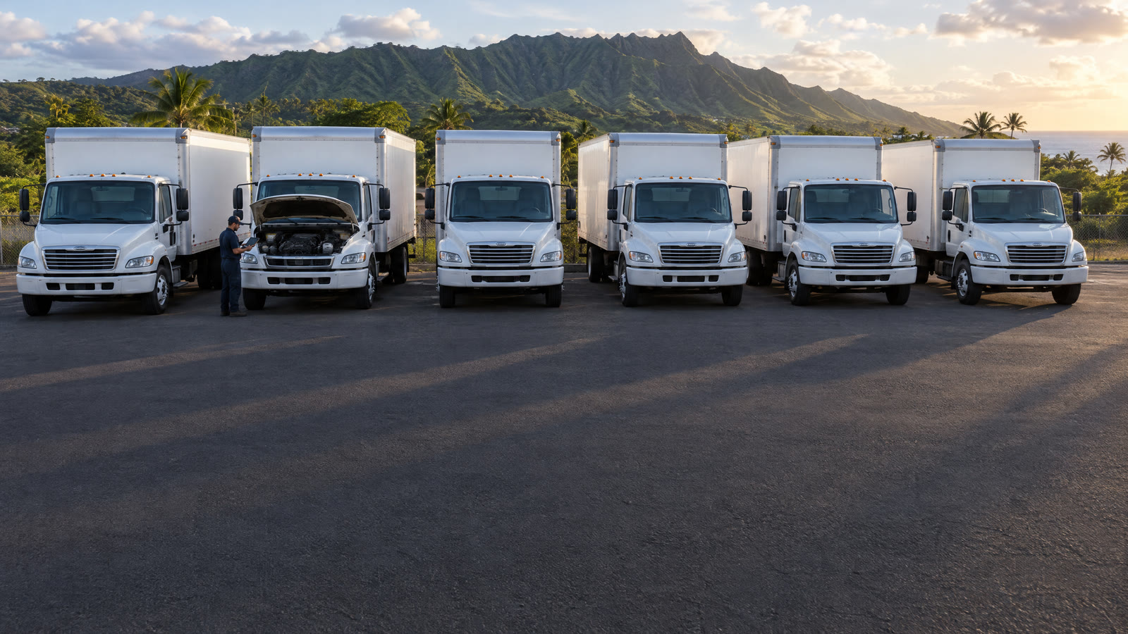 FleetServ: a row of white box trucks seen from above in an open yard, one hood propped open and a mechanic walking the line