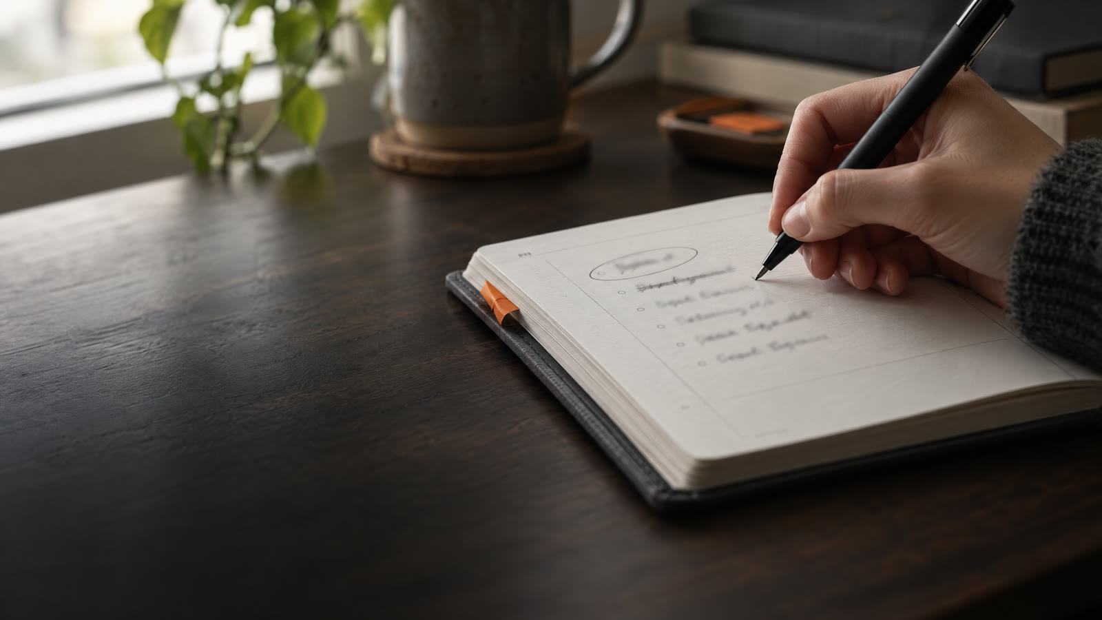 Foreground: a hand writing a short list in a paper planner, the top item circled and the next crossed out