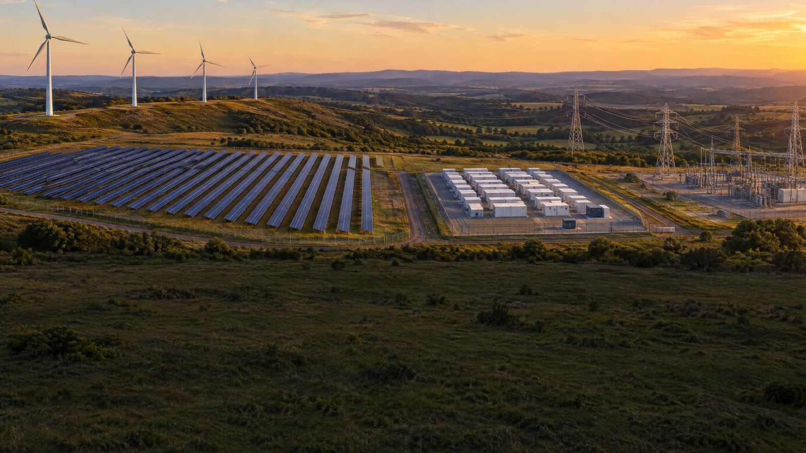 Gridledger: wind turbines on a ridge, a solar farm, a battery storage yard and a substation with transmission towers, four asset types in one landscape