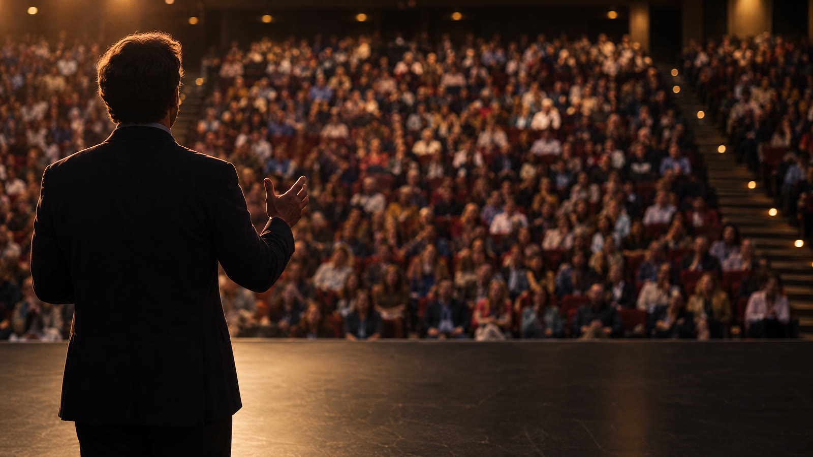 Get to the Point: a speaker seen from behind, addressing a packed auditorium