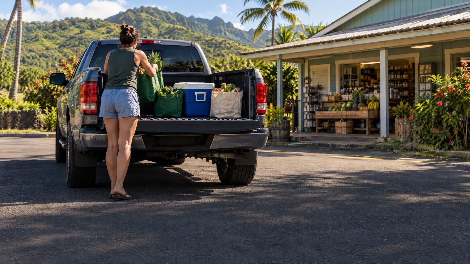 Off the Shelf: a shopper loads grocery bags into a pickup truck bed beside a cooler, outside a small island store