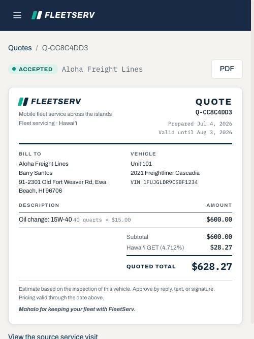 FleetServ quote document on a phone: header, line items for parts and labor, and totals.