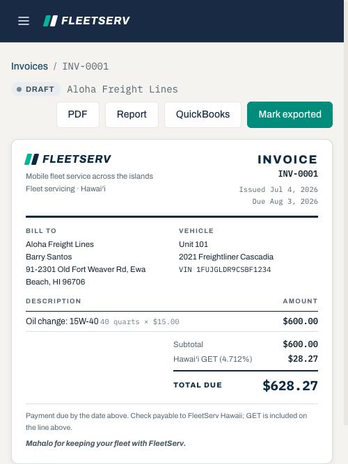 The same record shown as an invoice: identical line items with GET itemized and a balance due.