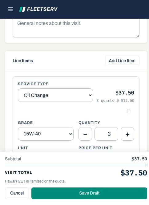 Quote builder on a phone: line-item steppers with a line total and running total updating as items are added.