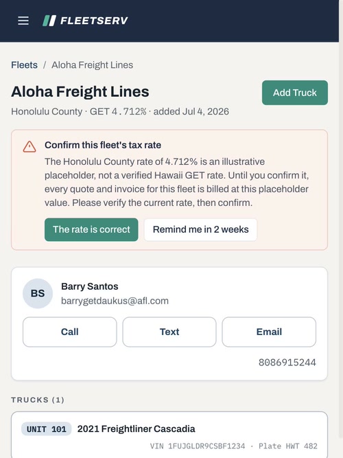 Customer detail: one-tap call, text, and email actions above each truck's service history.