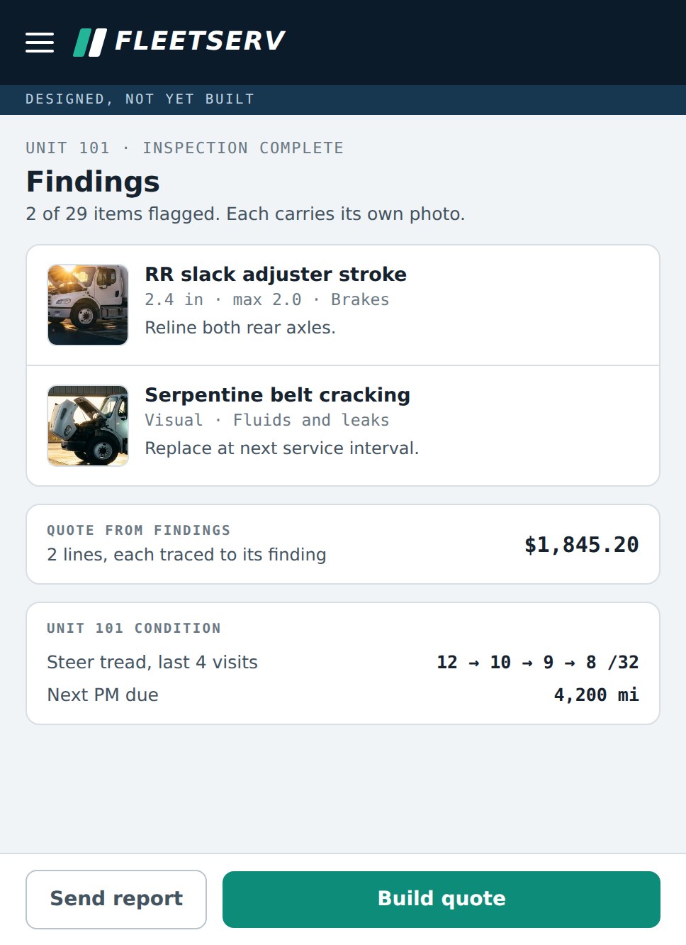 Designed findings summary on a phone: two flagged findings each with its own photo and measurement, a quote built from them, and the truck's tread depth across the last four visits.