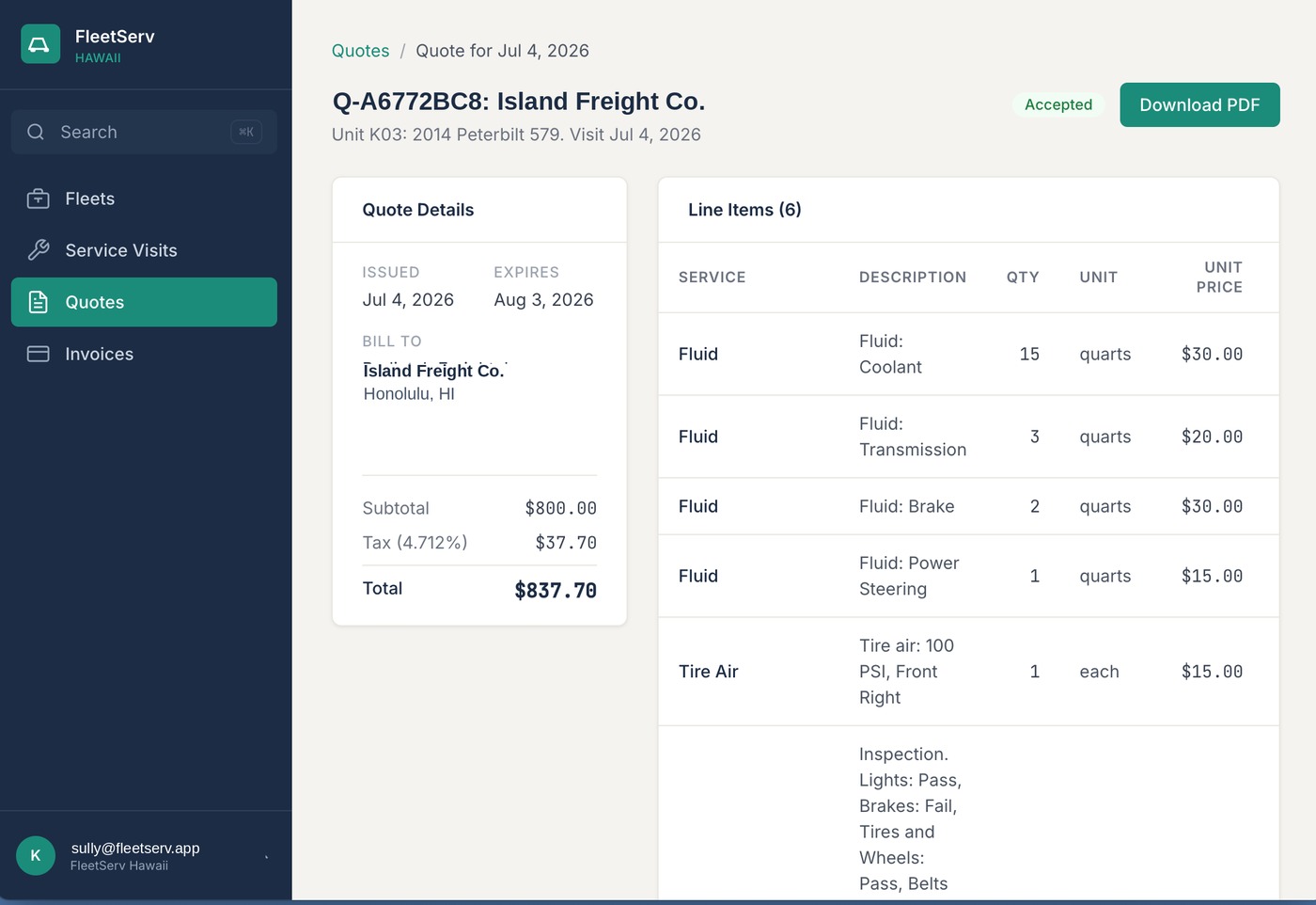 FleetServ quote view showing a fleet-services quote with line items, quantities, unit prices, tax, and total, marked Accepted with a Download PDF button.