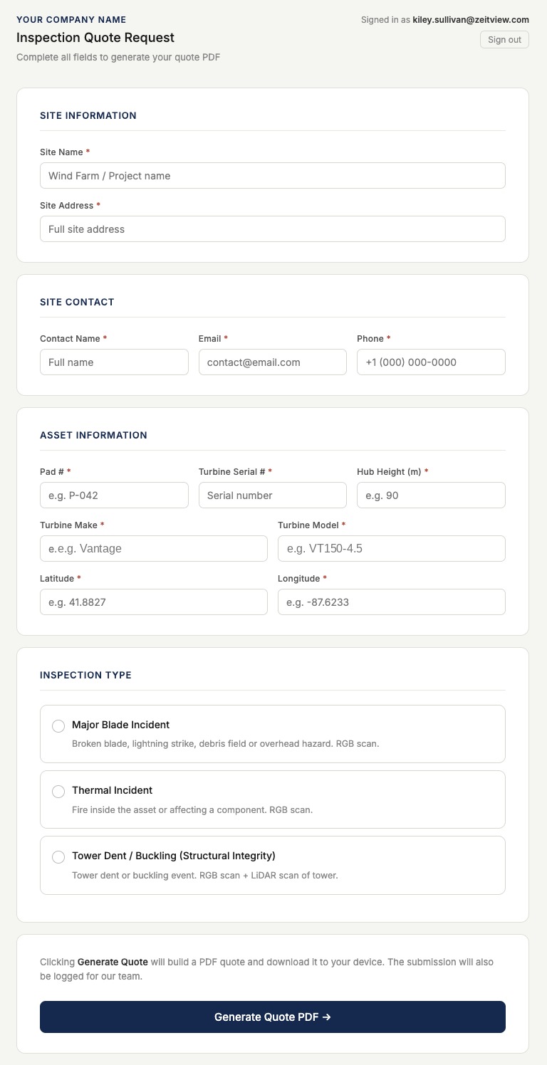 Self-service inspection quoting portal where a client selects service type and scope to generate a quote.