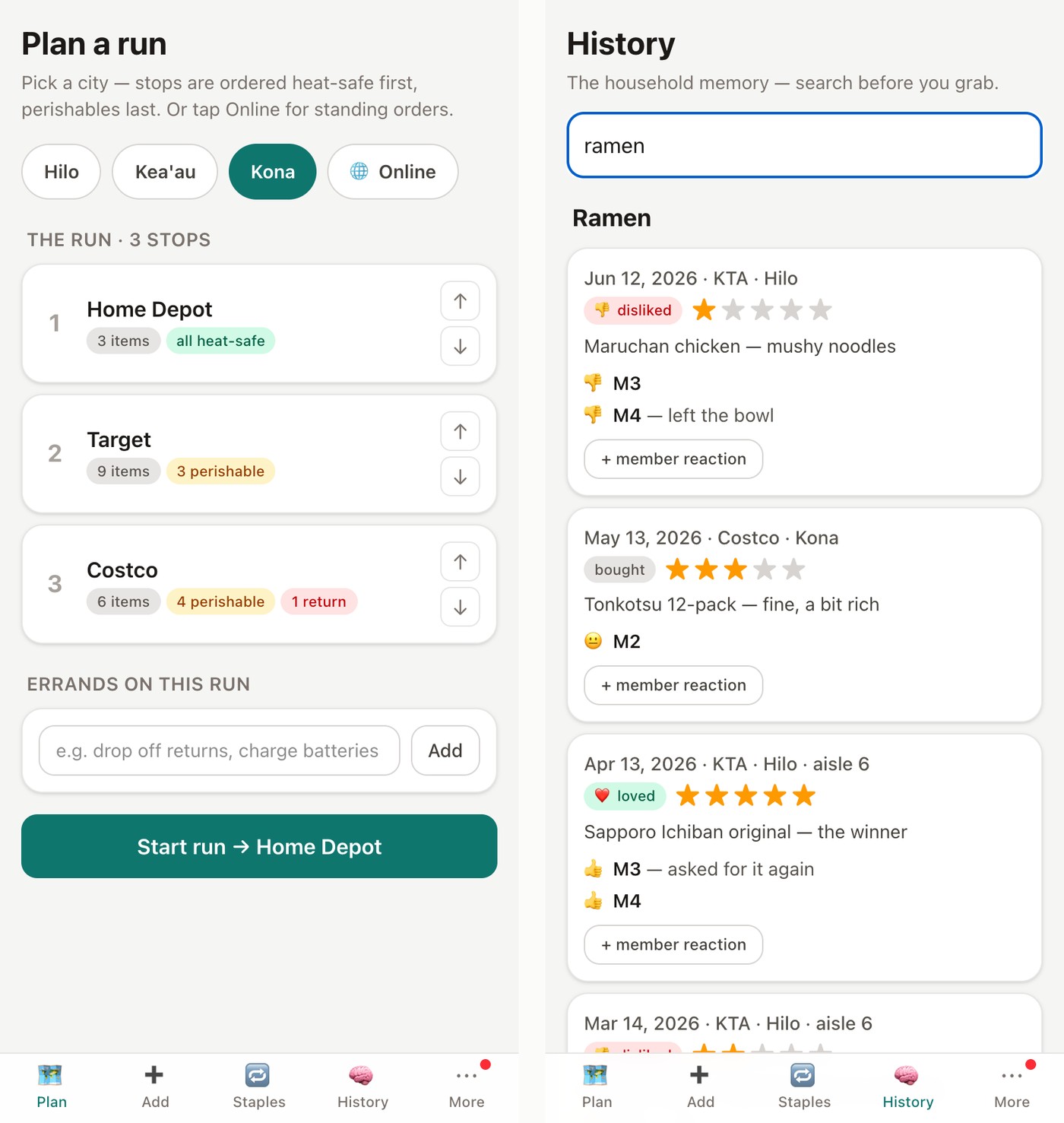 Two phone screens side by side: a Kona shopping run with Home Depot marked all heat-safe first and Costco with four perishables last, and a purchase history for ramen showing ratings and household member reactions.