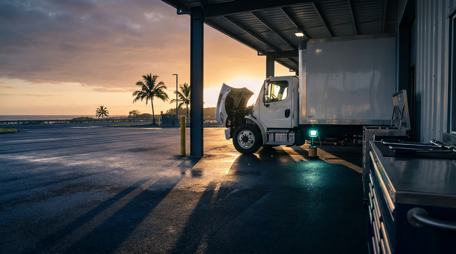 A service bay at dusk: a box truck with its hood open and a work lamp lit, palms and open ocean beyond the lot.