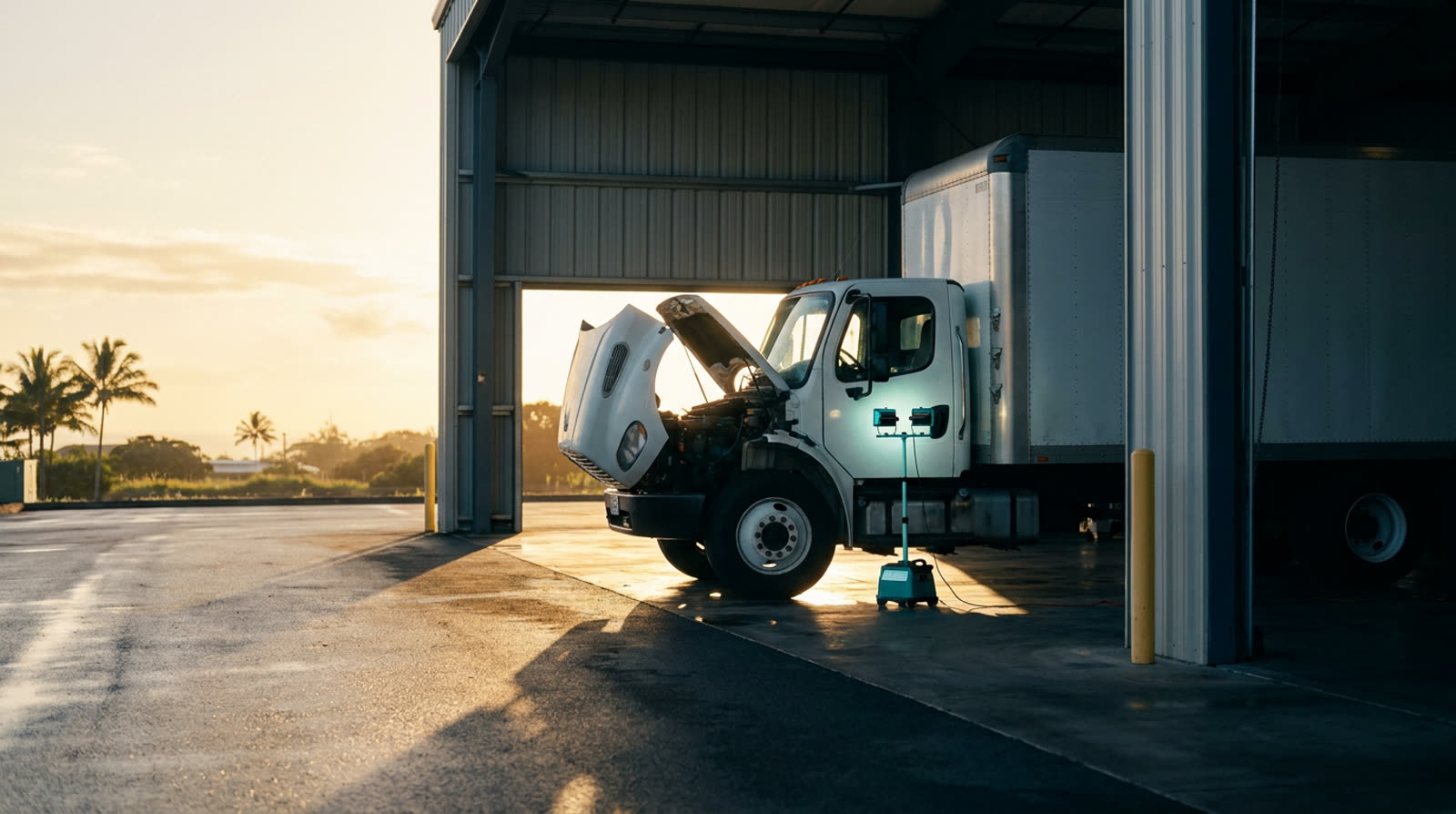 A box truck in a bay doorway at low sun, hood open, twin work lamps lit, palms beyond the lot.