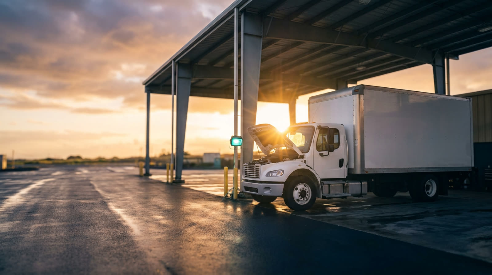 A box truck in a service bay at golden hour, hood open, work lamp lit.