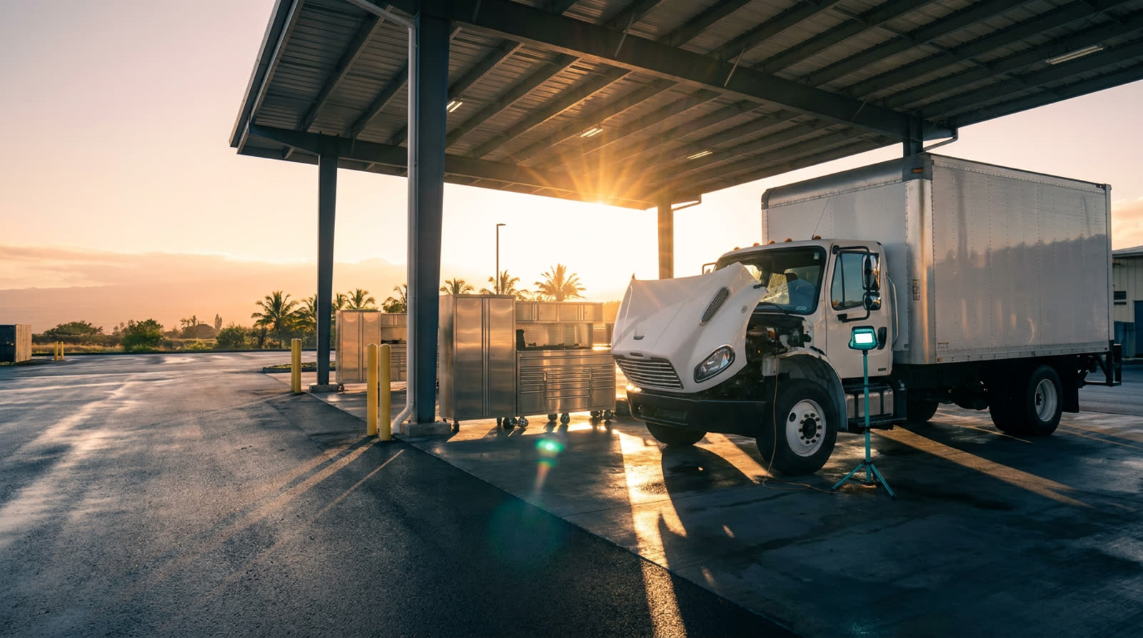 A wide view of an open-air service bay: stainless tool cabinets, palms on the horizon, and a box truck with its hood open under the canopy.